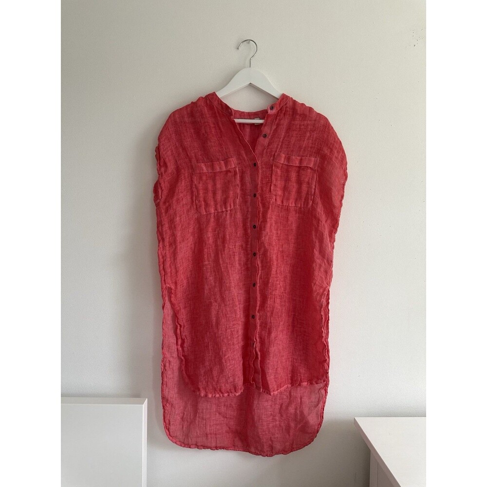 ✿ Holding Horses Red Linen Sleeveless Tunic Shirt Dress M Button Front Boho Top